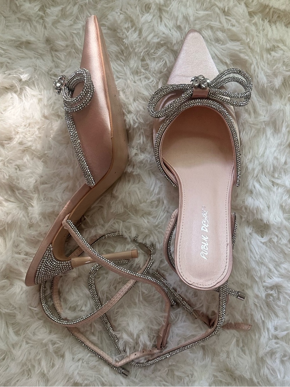 Public Desire Champagne Satin Pointed Mules with Crystal Bow